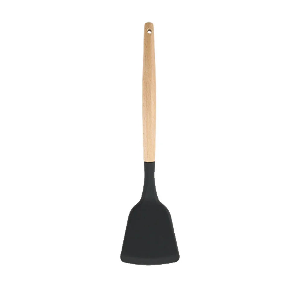 Silicone Kitchenware Utensils Set Black Non-stick Cookware Spatula Shovel Egg Beaters Wooden Handle Kitchen Cooking Tool Set