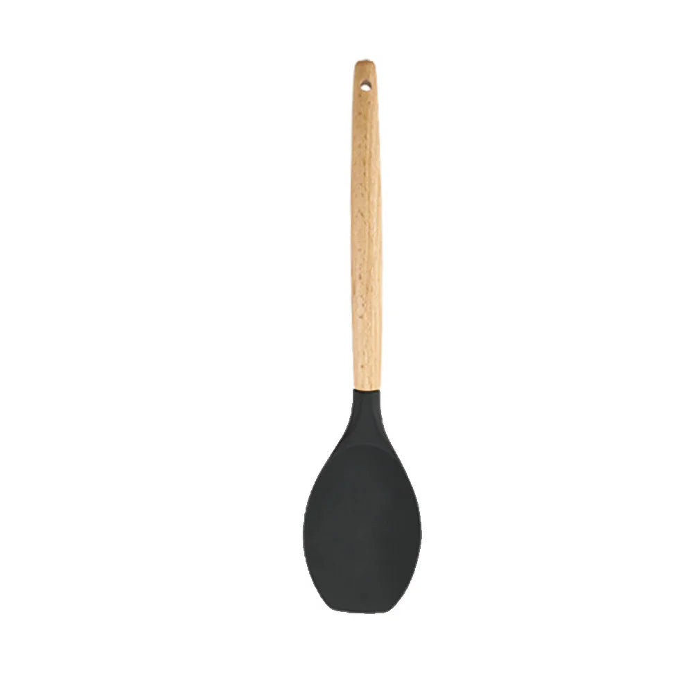 Silicone Kitchenware Utensils Set Black Non-stick Cookware Spatula Shovel Egg Beaters Wooden Handle Kitchen Cooking Tool Set