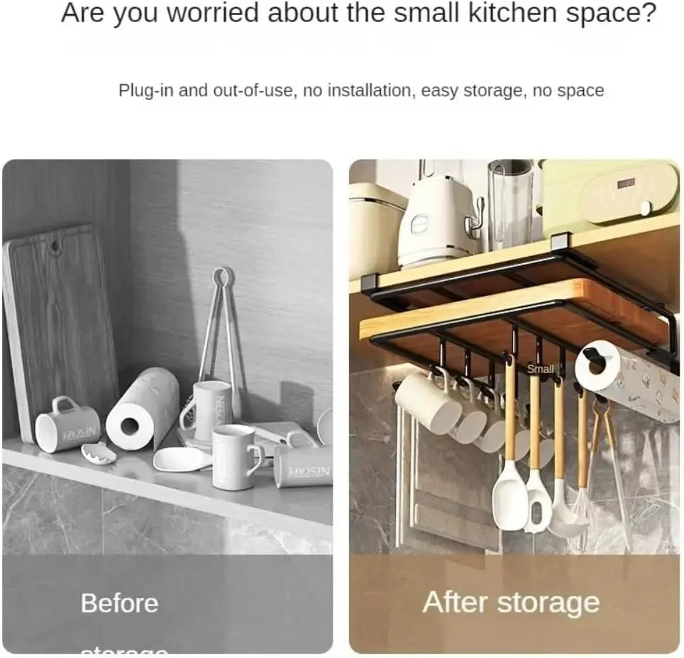 Kitchen Hanging Organizer Rack Hooks Under Cupboard Paper Towel Rags Hanger Cutting Board Pot Cover Holder Storage Shelf